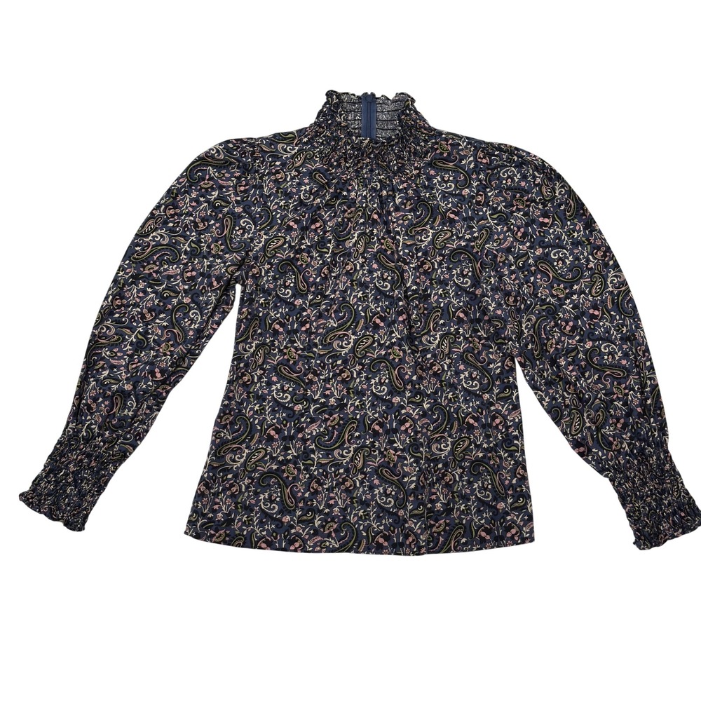 Veronica Beard Peasant Floral Top SM Navy Paisley High Neck Cotton Office Prep